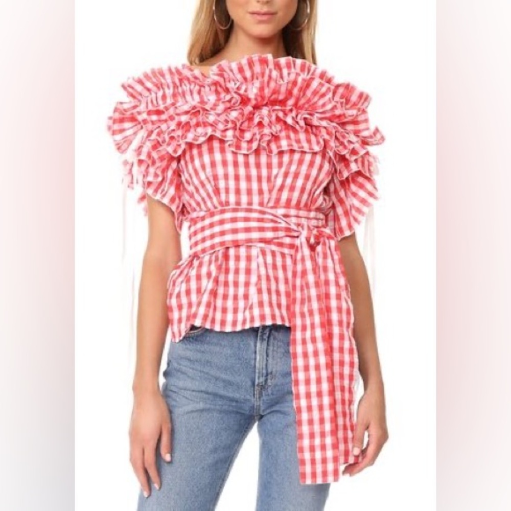 Style Keepers Sangria Off Shoulder Gingham Top Red White Ruffle Statement Blouse